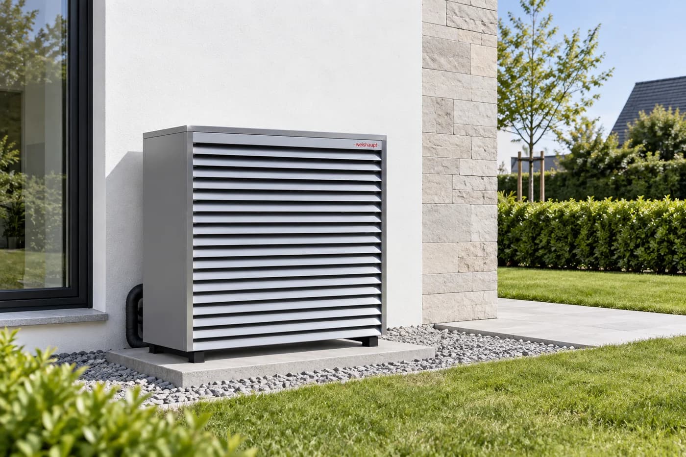 Mise en situation illustrative d’une pompe à chaleur Weishaupt Biblock à l’extérieur d’une maison